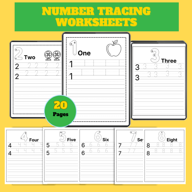 Number Tracing Worksheets 1 – 20 Printable Pages PDF