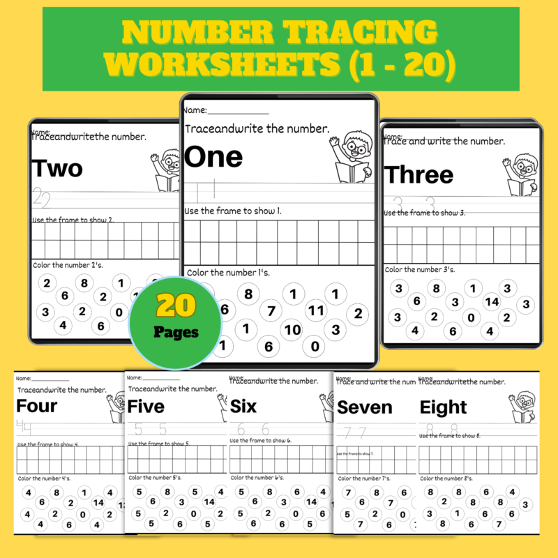 Number Tracing Worksheets (1–20) – 20 Printable Pages PDF