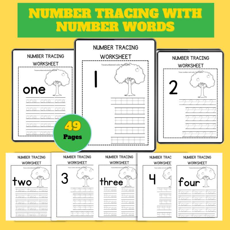Number Tracing Worksheets with Number Words – 49 Printable Pages PDF