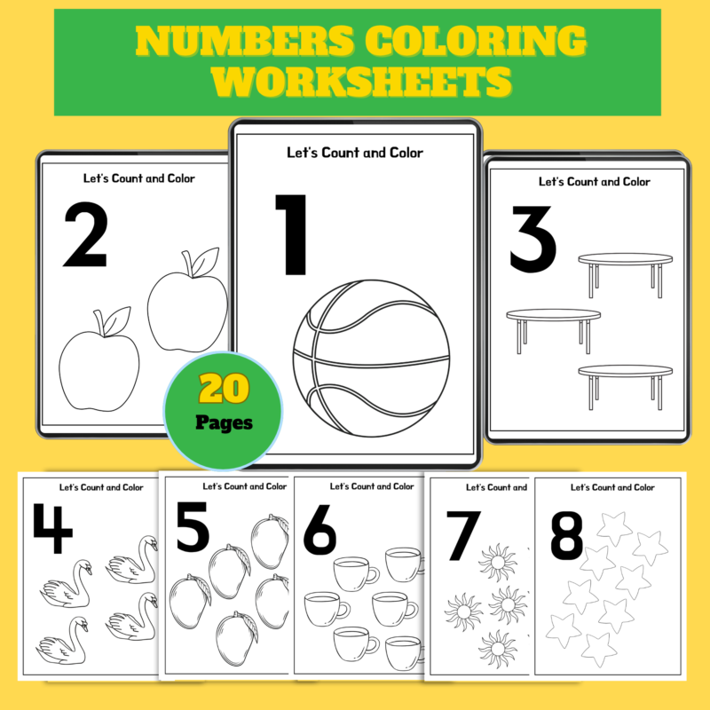 Numbers Coloring Worksheets – 20 Printable Pages PDF