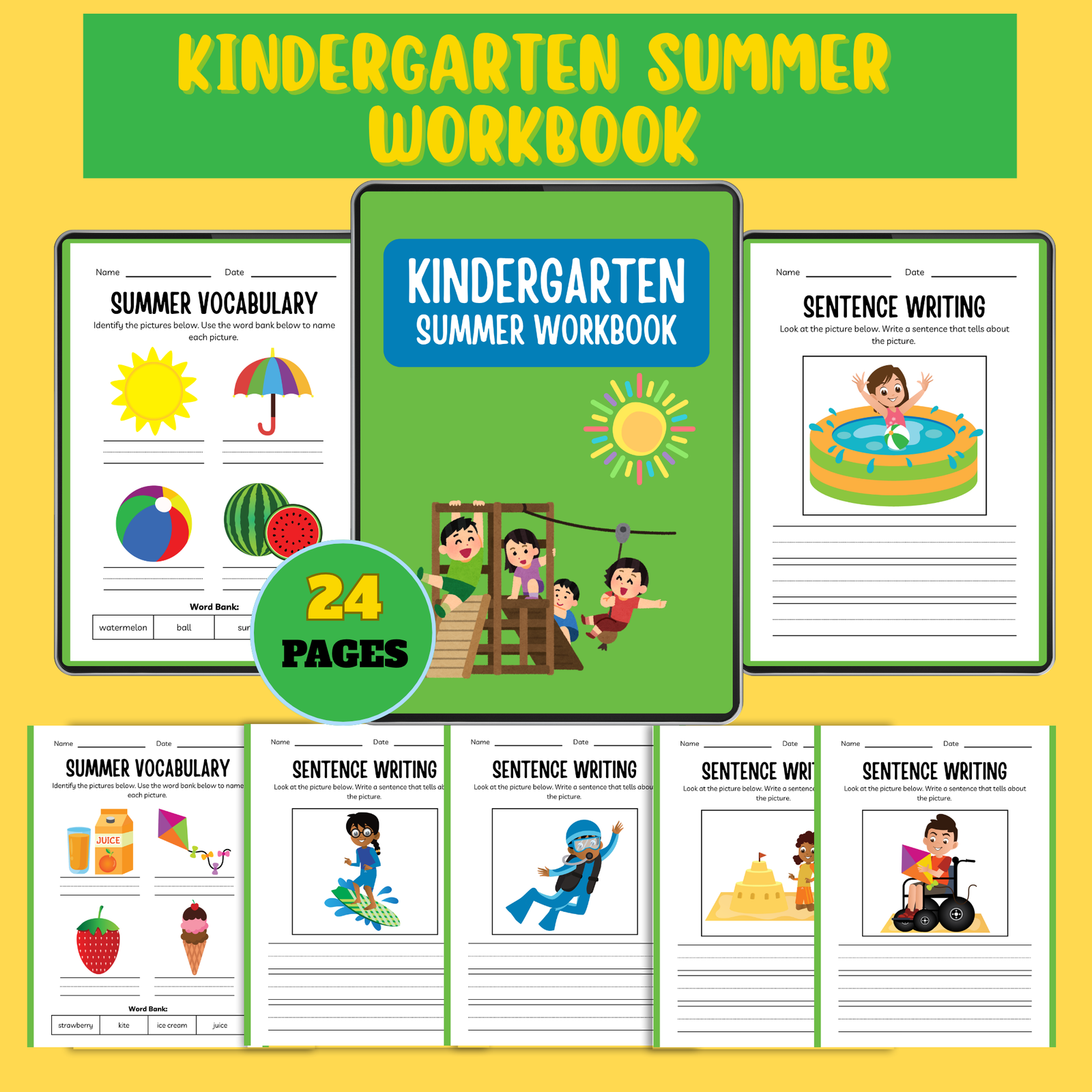 Summer Kindergarten Workbook – 24 Printable Learning Activities for Kids