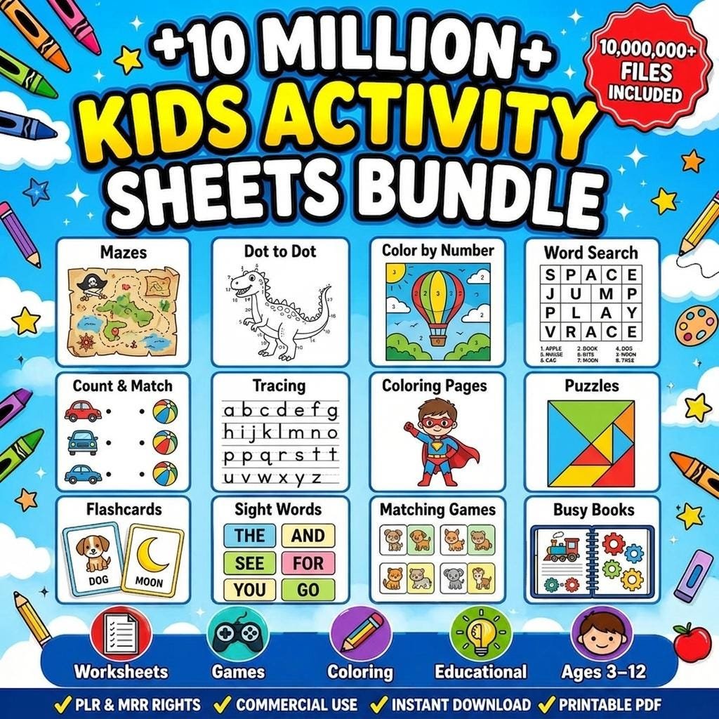 10 Million+ Kids Activity Sheets Bundle PLR MRR Commercial Use Col (1) 10 Million+ Kids Activity Sheets Bundle | PLR MRR Commercial Use | Coloring Pages Worksheets | Educational Printables | Digital Download - Image 1