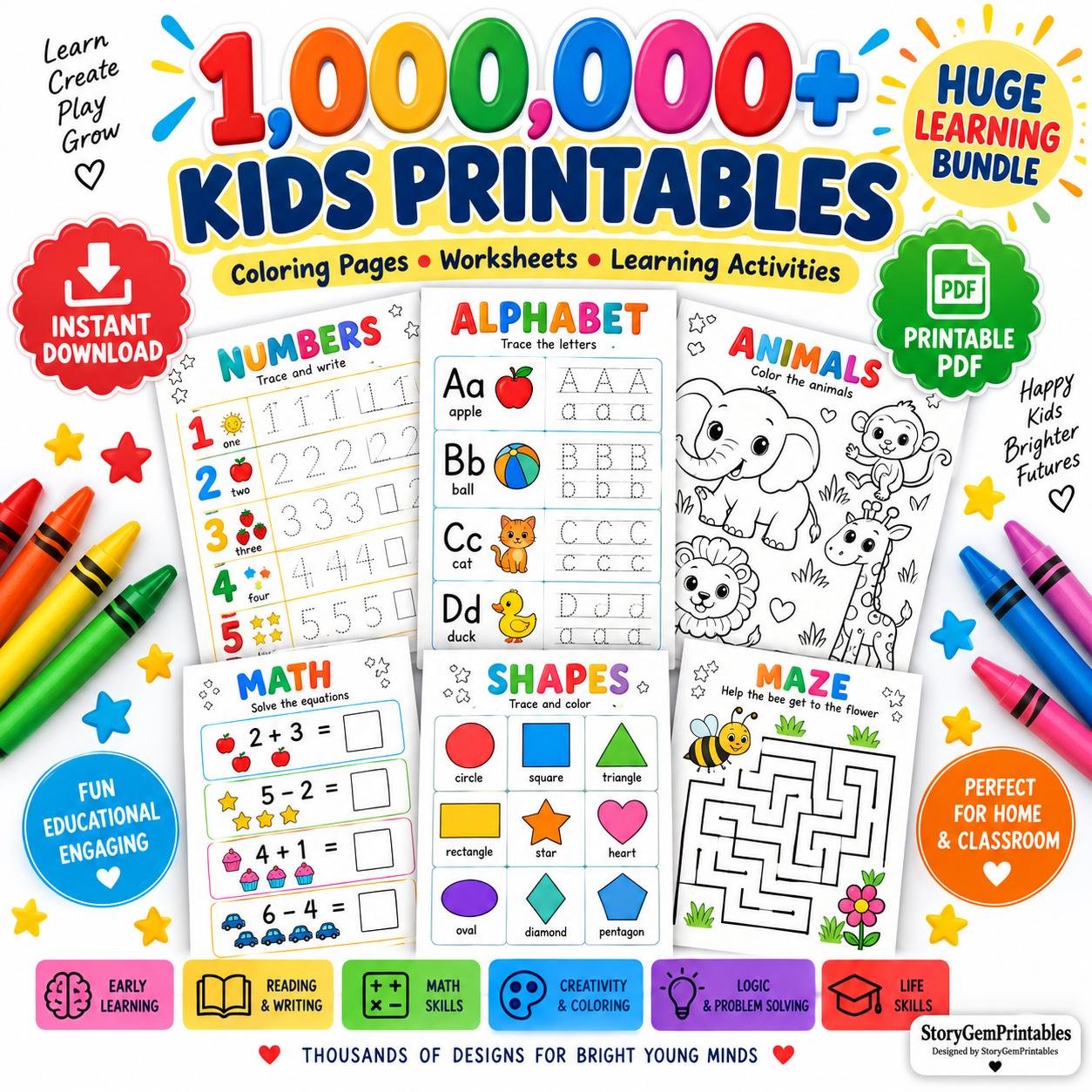 1,000,000+ Kids Printables Bundle PLR MRR Coloring Pages Worksheets Learning Act (1) 1,000,000+ Kids Printables Bundle PLR MRR | Coloring Pages Worksheets Learning Activities | Preschool Kindergarten PDF - Image 1
