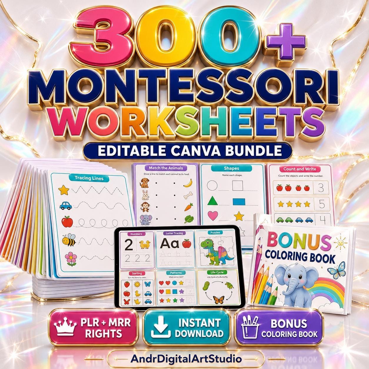 300+ Montessori Worksheets PLR MRR Bundle Editable Canva Prescho (1) 300+ Montessori Worksheets PLR MRR Bundle | Editable Canva Preschool Activities, Toddler Busy Book, Homeschool Printables, Instant Download - Image 1