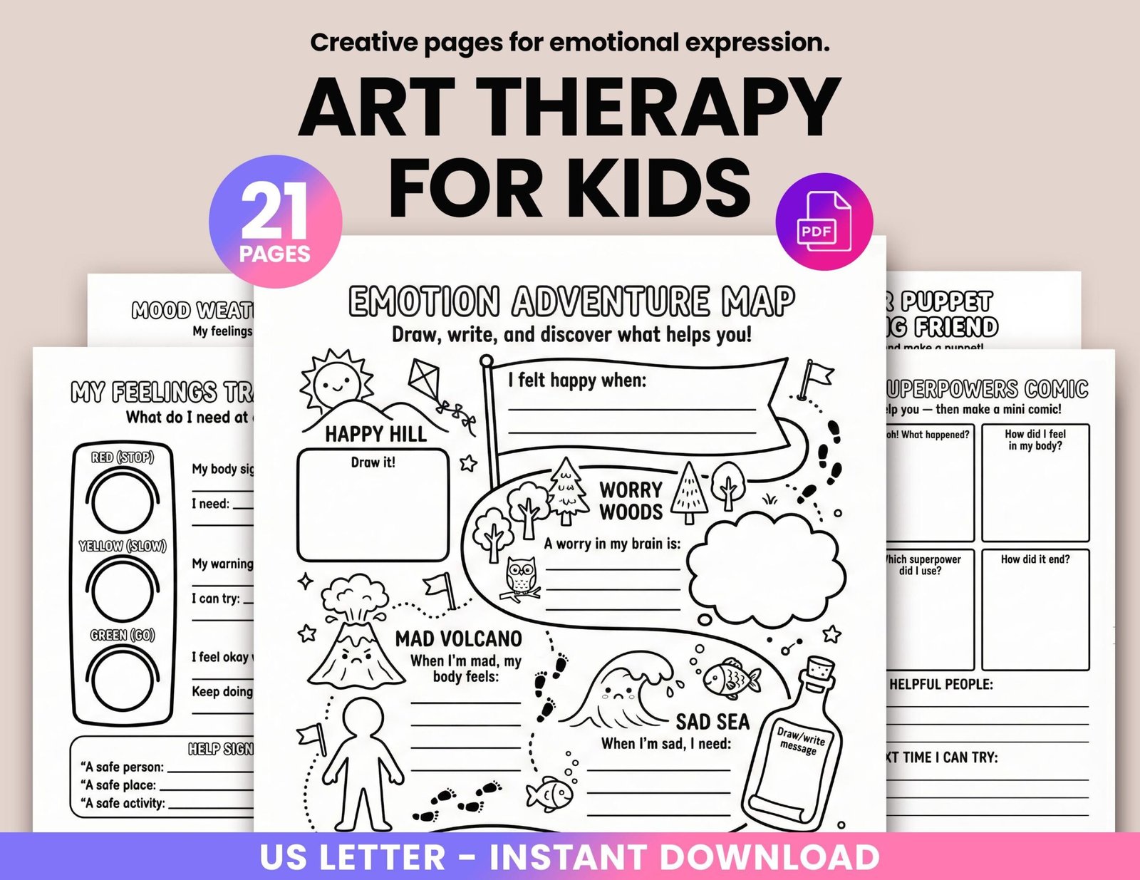 Art Therapy Worksheets for Kids - Children Feelings & Emotions, SEL Activit (1) Art Therapy Worksheets for Kids - Children Feelings & Emotions, SEL Activities, DBT Coping Skills, Counseling Tool, Printable PDF - Image 1