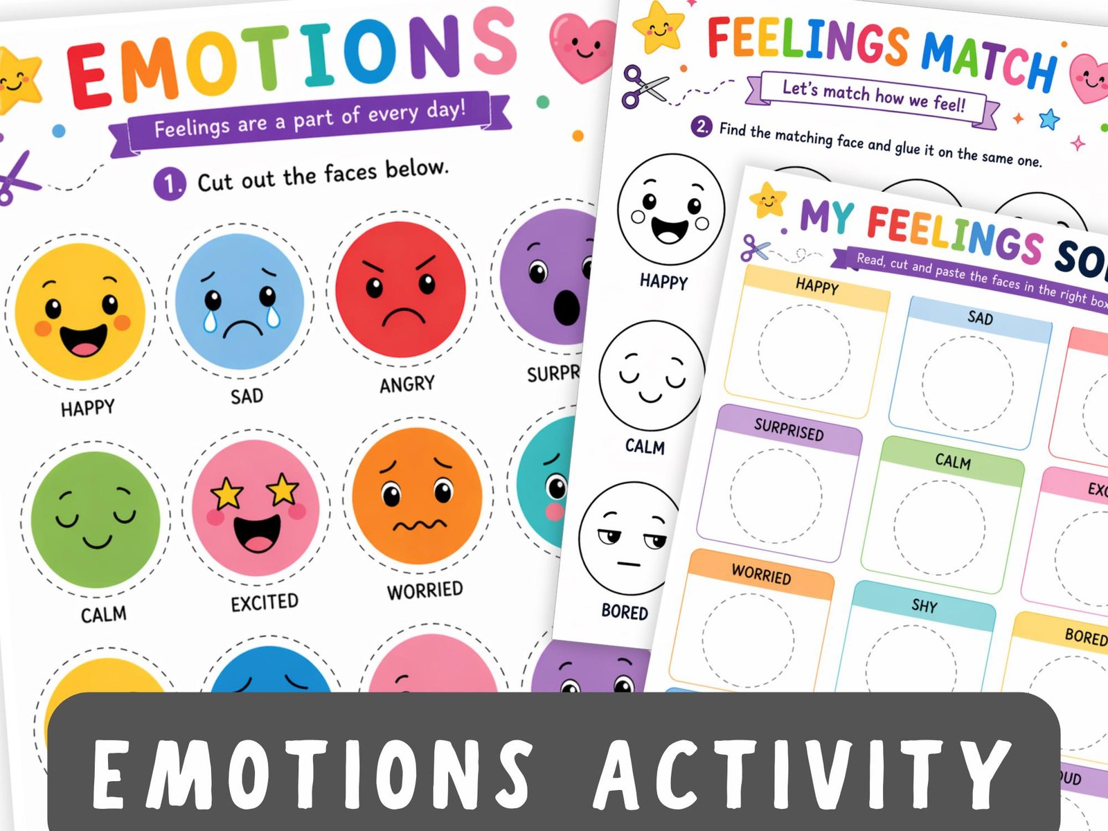Emotions Activity for Kids Feelings Matching Game + Cut and Paste (1) Emotions Activity for Kids | Feelings Matching Game + Cut and Paste | Preschool SEL Printable | Learn Emotions Busy Book | Ages 2-5 - Image 1