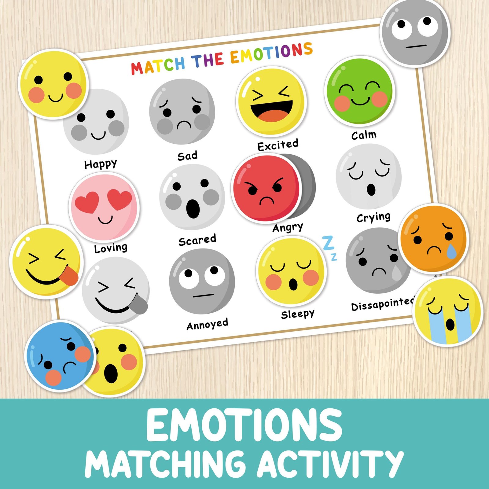 Emotions Matching Activity for Kids - Toddler, Preschool, Ki (1) Emotions Matching Activity for Kids - Toddler, Preschool, Kindergarten Game - Emotional Education -Feelings Worksheet - Autism - Homeschool - Image 1