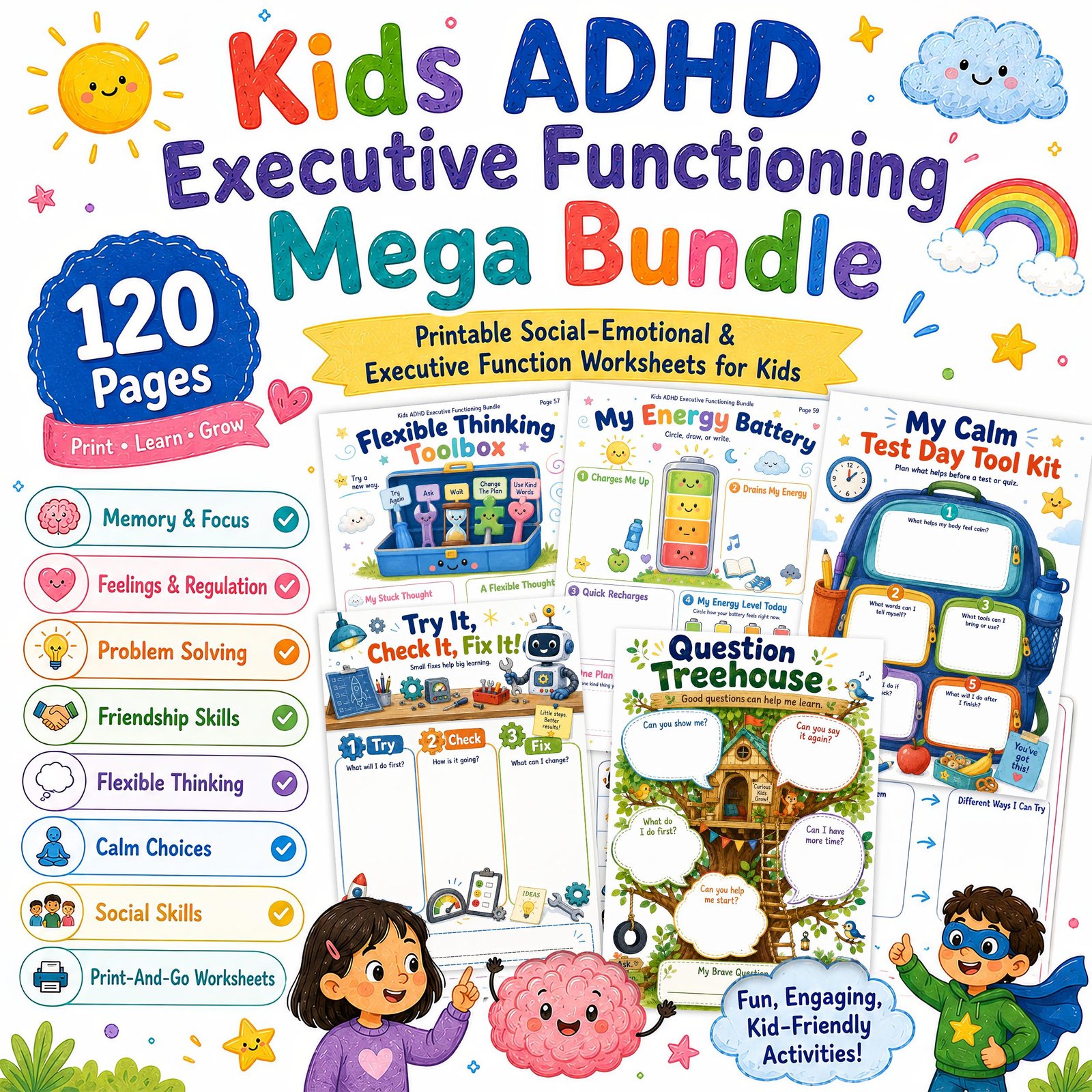Kids ADHD Executive Functioning Workbook, Bundle ADHD Worksheets (1) Kids ADHD Executive Functioning Workbook, Bundle ADHD Worksheets for Kids, Self Regulation, Focus, Social Skills, Children Therapy Printable - Image 1