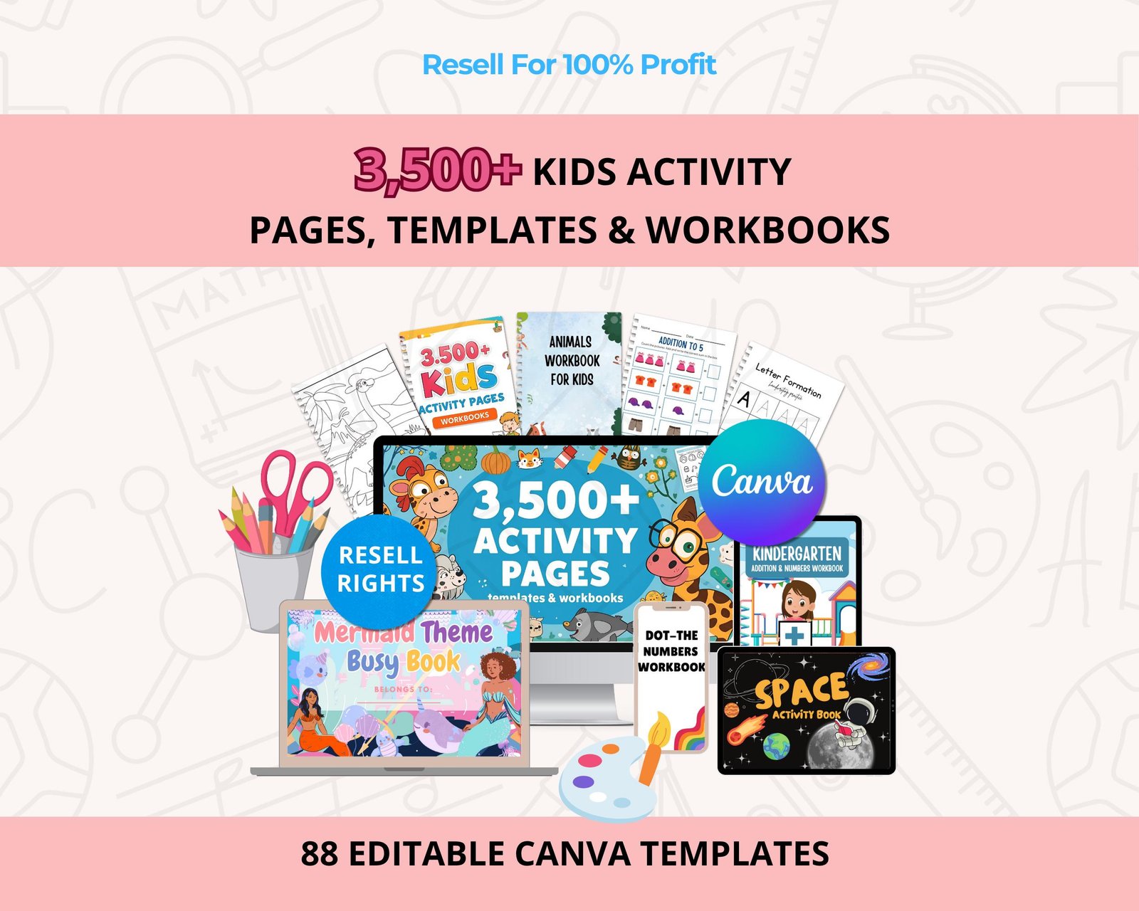Kids Activity & Learning Bundle — 3,500+ Editable Canva Pages, Colouring, Math, Puzzels With (1) Kids Activity & Learning Bundle — 3,500+ Editable Canva Pages, Colouring, Math, Puzzels With Resell Rights - Image 1