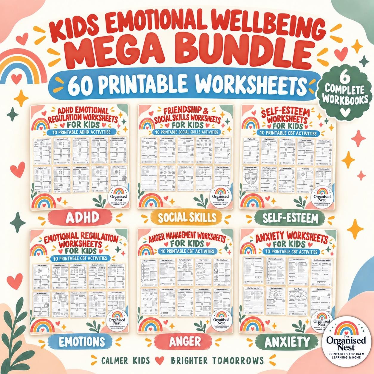 Kids Emotional Wellbeing Bundle 60 Printable CBT Worksheets (Digital Download) (1) Kids Emotional Wellbeing Bundle | 60 Printable CBT Worksheets (Digital Download) - Image 1