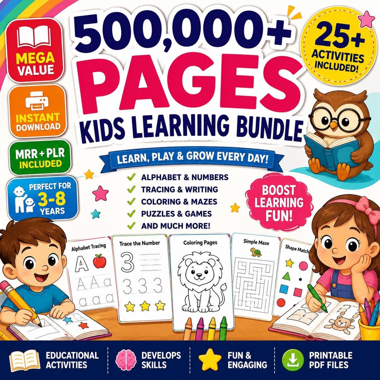 Kids Learning Bundle Printable Activities, Educational Worksheets, Col (8) Kids Learning Bundle Printable Activities, Educational Worksheets, Coloring Pages, Games, Numbers & Alphabet, PLR MRR Resources - Image 1
