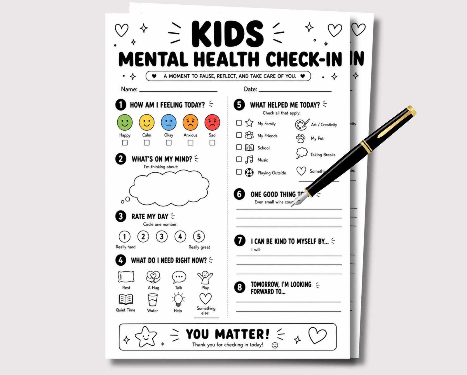 Kids Mental Health Check In Worksheet, Printable Kids Therapy Ga (1) Kids Mental Health Check In Worksheet, Printable Kids Therapy Game, Kids Journal School Counseling Therapy Intervention Emotional Regulation - Image 1
