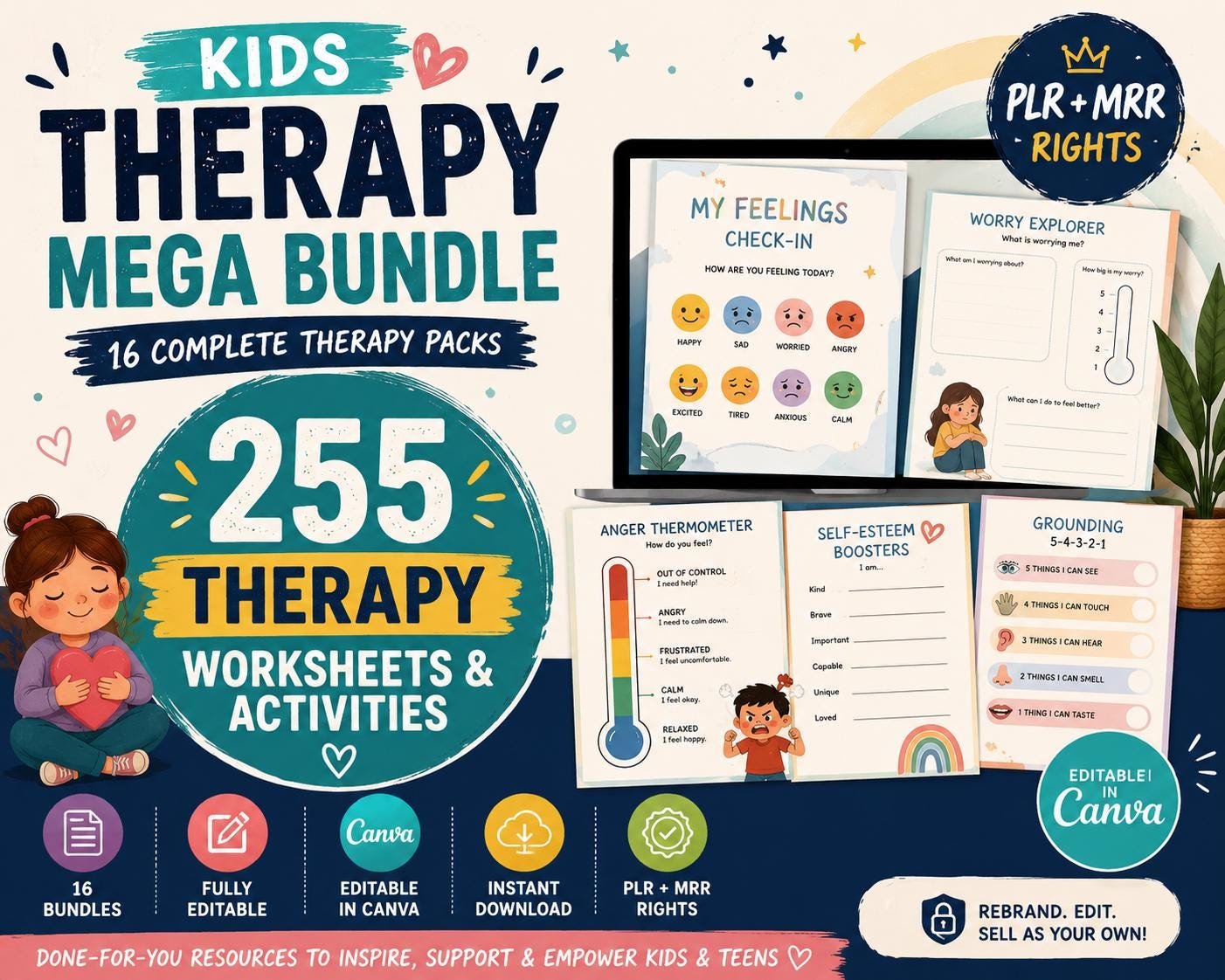 Kids Therapy Worksheets Bundle PLR MRR ADHD, Anxiety & Emotional Regulation Resources Canva E (1) Kids Therapy Worksheets Bundle PLR MRR | ADHD, Anxiety & Emotional Regulation Resources | Canva Editable - Image 1