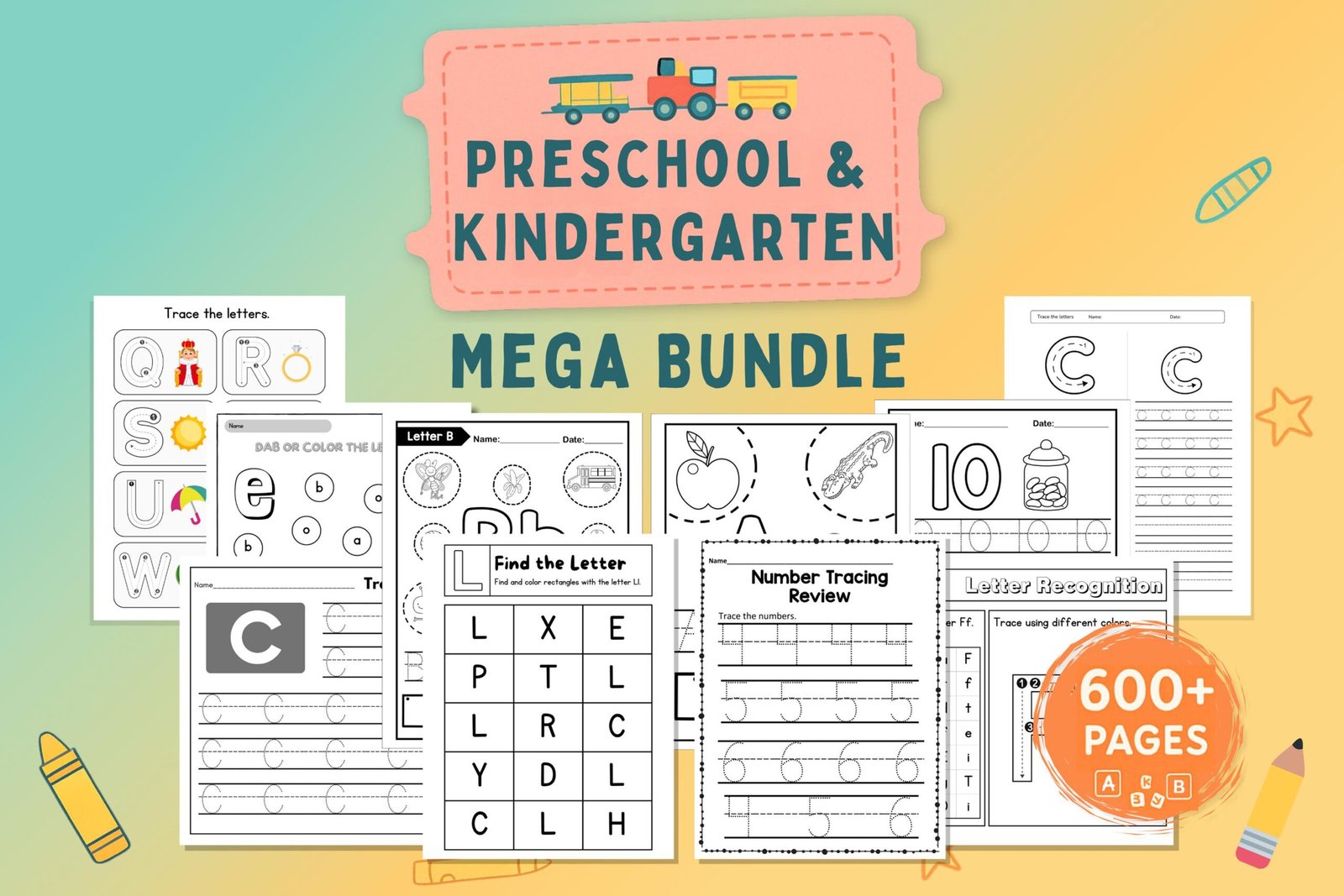 Preschool + Kindergarten Worksheets Bundle 600+ Pages Printable (1) Preschool + Kindergarten Worksheets Bundle | 600+ Pages Printable Learning Activities | Tracing, Alphabet, Math, Dot Marker, Fine Motor - Image 1