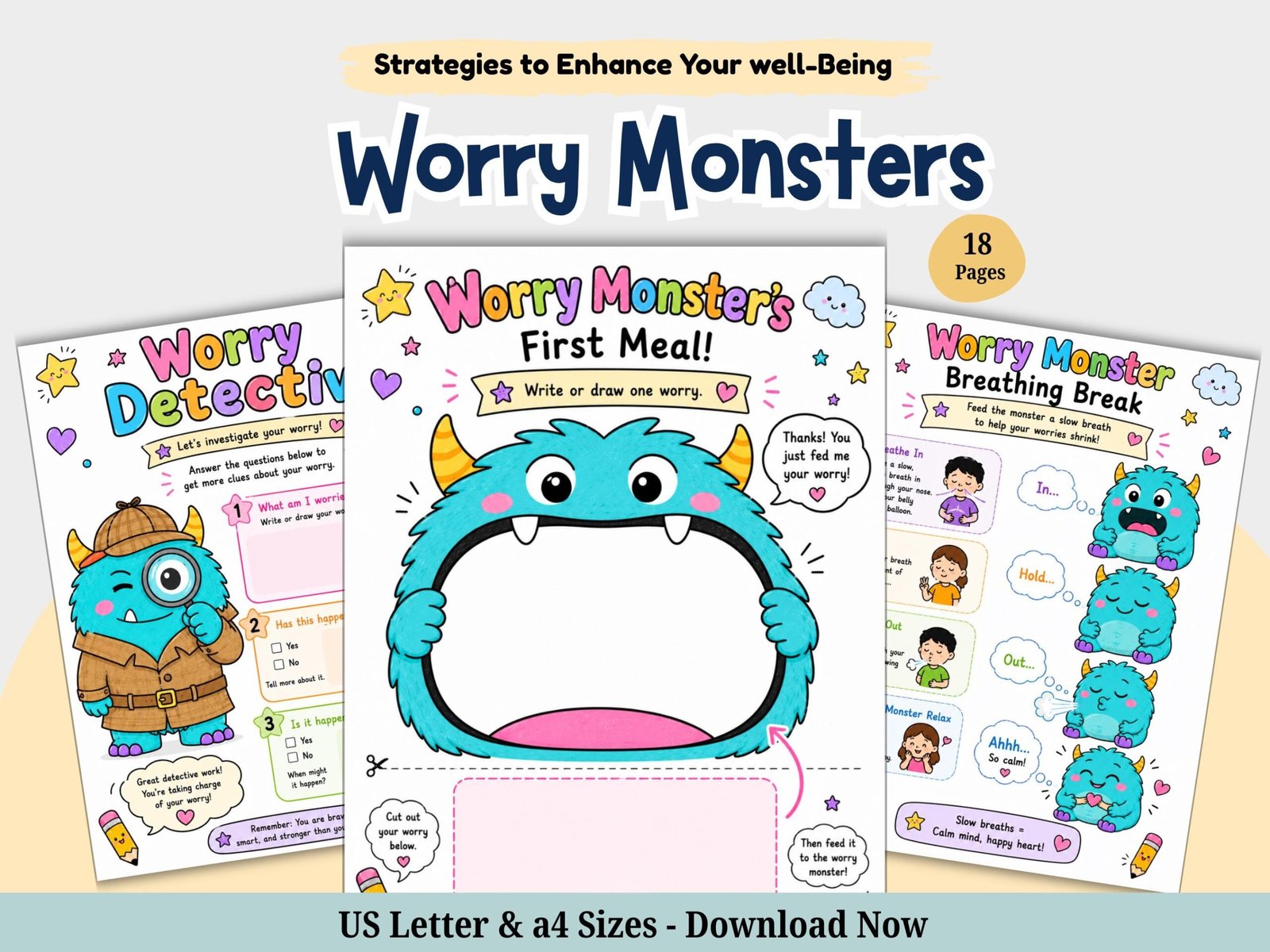 Worry Monster Activity Book for Kids, CBT Worksheets (Digital Download) (1) Worry Monster Activity Book for Kids, CBT Worksheets (Digital Download) - Image 1