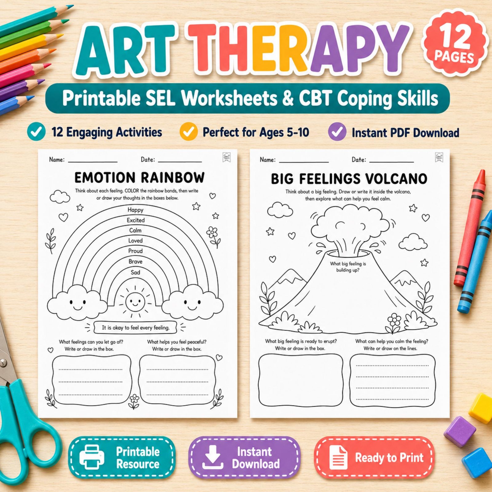 main-01 Art Therapy Kids, SEL Worksheets, CBT Coping Skills, Mindfulness Coloring - Image 1