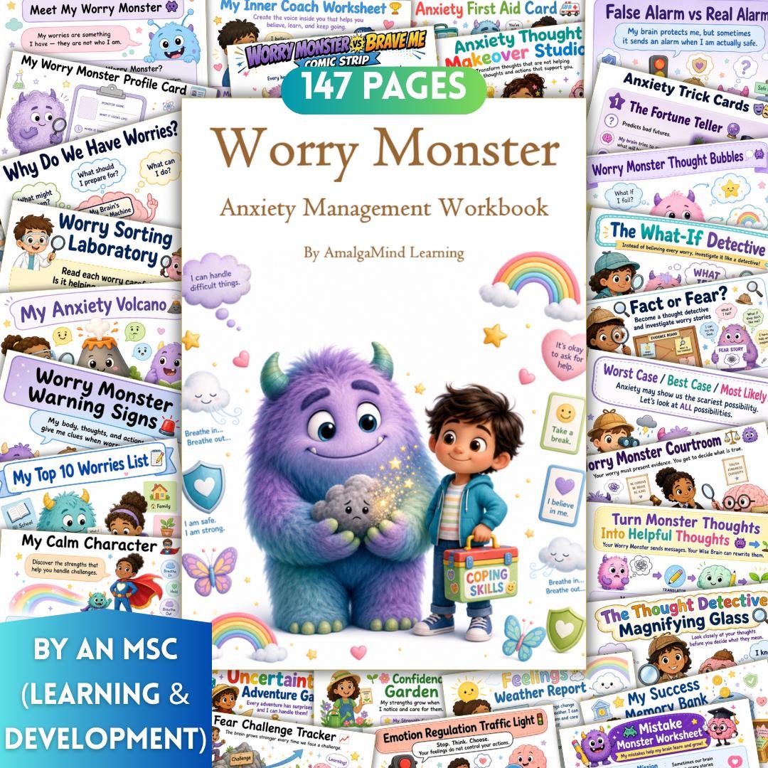 main-01 Worry Monster Workbook for Kids & Teens, Anxiety SEL Workbook, Emotional Regulation Activities, CBT Worksheets, Coping Skills, Printable PDF - Image 1